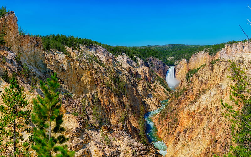 Yellowstone, mountain river, waterfall, canyon, river, mountain landscape, USA, Montana, Yellowstone National Park, HD wallpaper