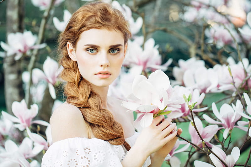 Beauty, magnolia, girl, model, braid, flower, spring, white, woman, HD wallpaper