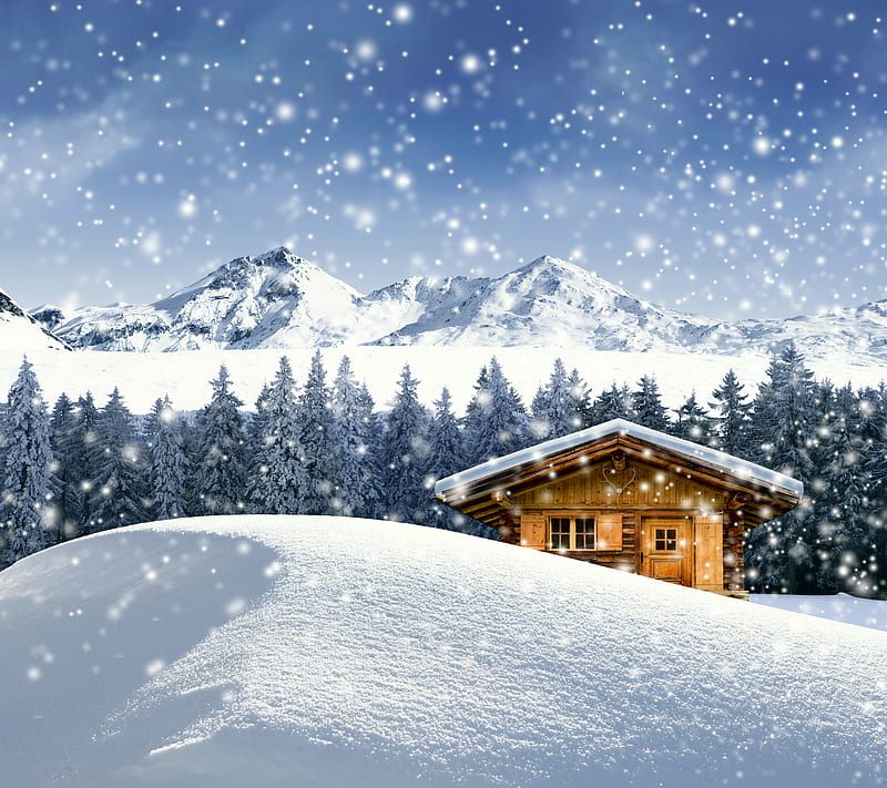 Winter Lodge, bonito, forest, house, mountains, snow, HD wallpaper