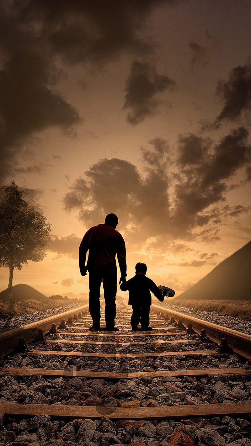 father and son love , dad, railway track, HD phone wallpaper
