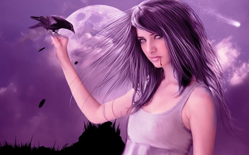 dalia, art, moon, purple, bird, girl, HD wallpaper