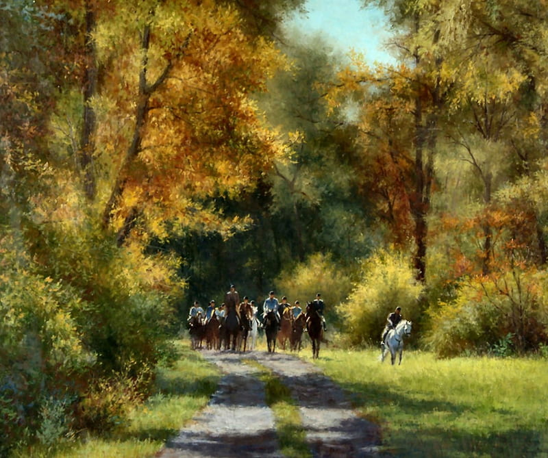 Out of the Woods - Horses, art, riders, woods, equine, bonito, horse, artwork, animal, painting, wide screen, HD wallpaper