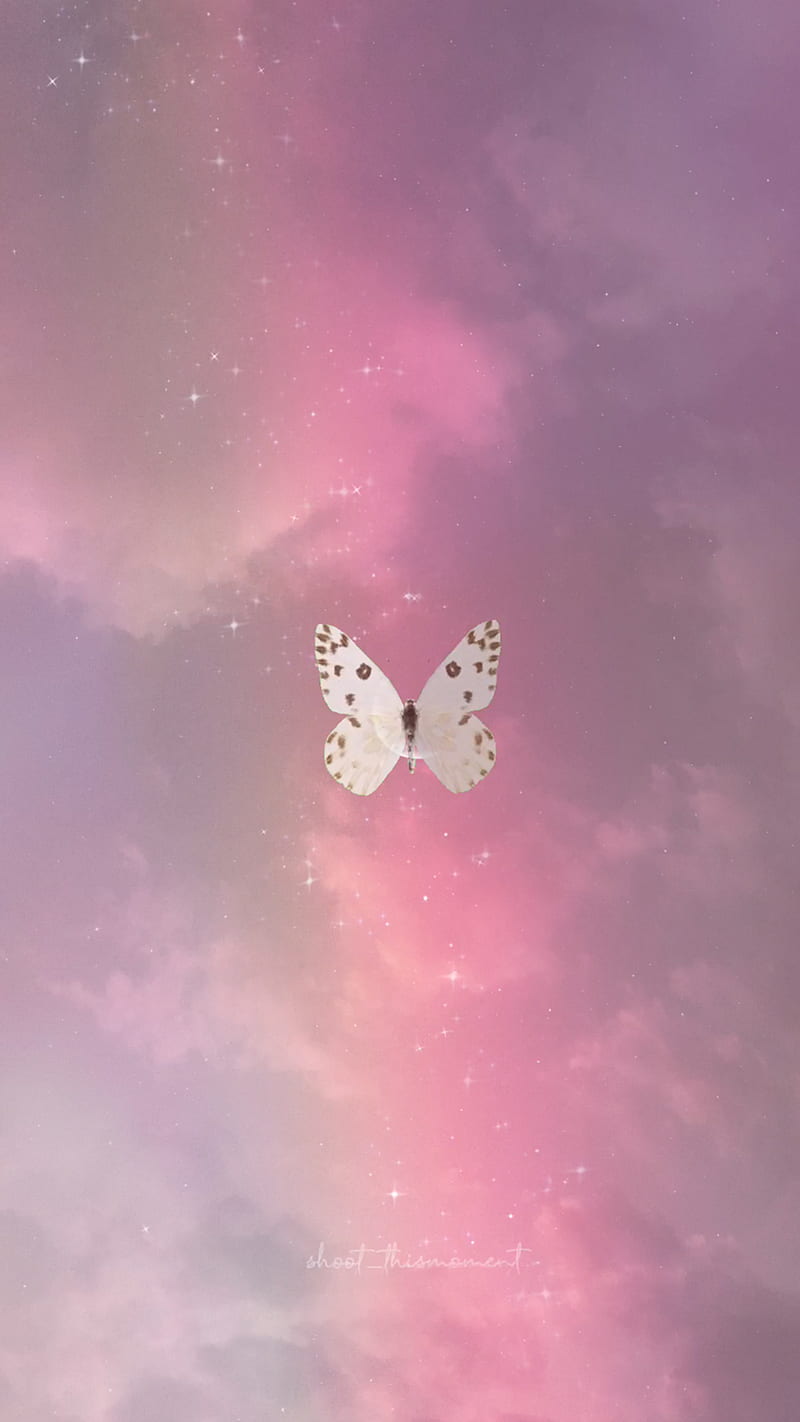 Butterfly dream, aesthetics, butterflies, clouds, cloudscape, crescent moon, dreamy, moon, pink, pink aesthetics, pink hour, purple, rainbow, shoot_thismoment, sky, sparkles, sunset, vaporwave, HD phone wallpaper
