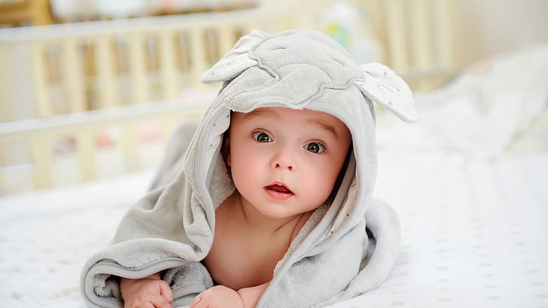 Cute Child Baby Is Lying Down On White Bed Covered With Elephant Face Towel Cute, HD wallpaper
