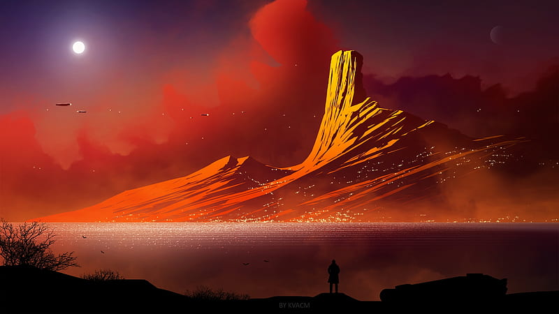 mountain, moon, sky, lonely man, flat art, Fantasy, HD wallpaper