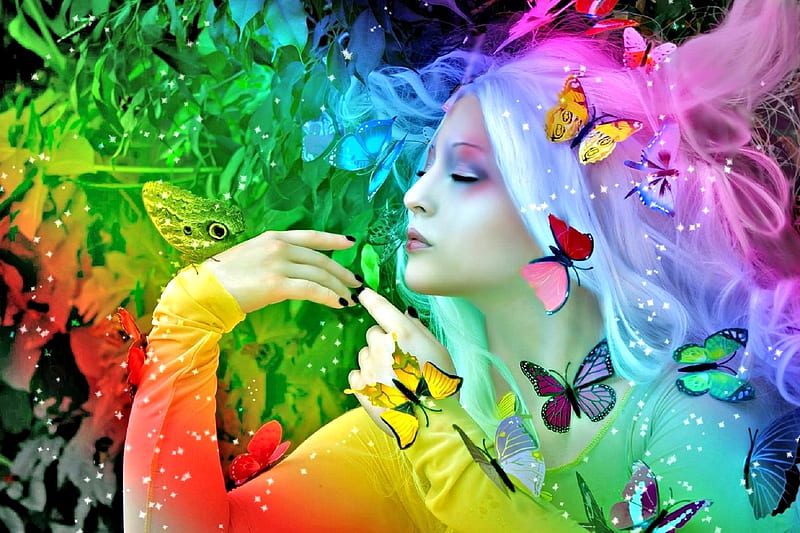 Madame Butterfly, colorful, love four seasons, butterflies, spring, creative pre-made, digital art, woman, rainbows, fantasy, manipulation, weird things people wear, summer, butterfly designs, HD wallpaper