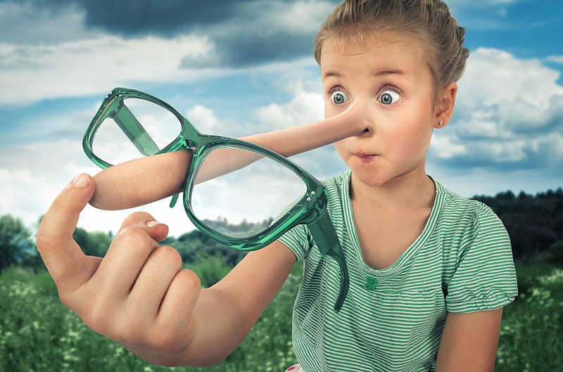 Lying too much, little, glasses, fantasy, green, close-up, hand, child, blue eyes, blue, nose, blonde, creative, situation, cute, pinocchio, girl, funny, HD wallpaper