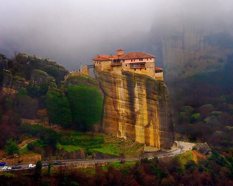 Monastery , cliff, galaxy, greece, landscape, nature, note, HD wallpaper