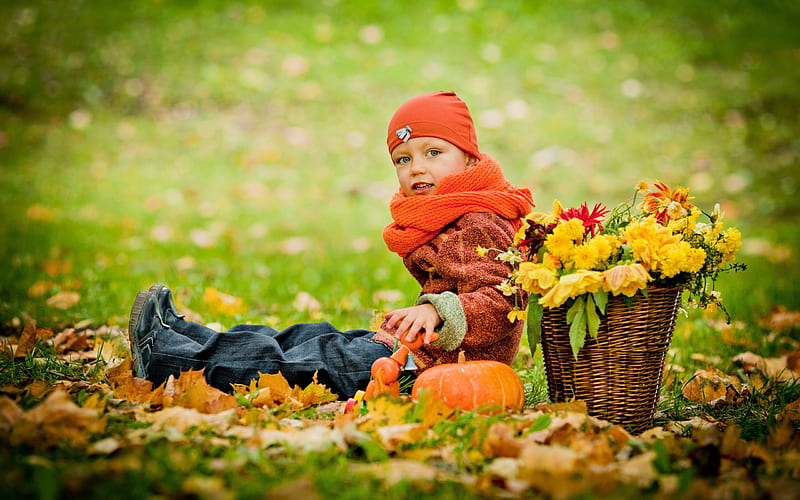 Cocktail of colours, autumn, orange, joy, leaves, girl, people, flowers, nature, child, HD wallpaper