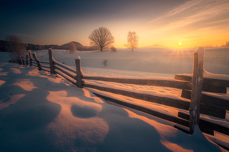 Graphy Winter Fence Nature Outdoor Snow Sunset Hd Wallpaper Peakpx