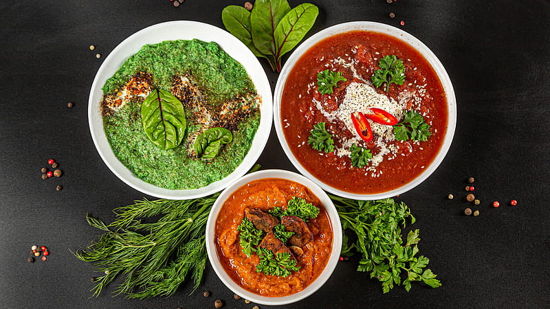 Soup Varieties In White Bowls Food, HD wallpaper