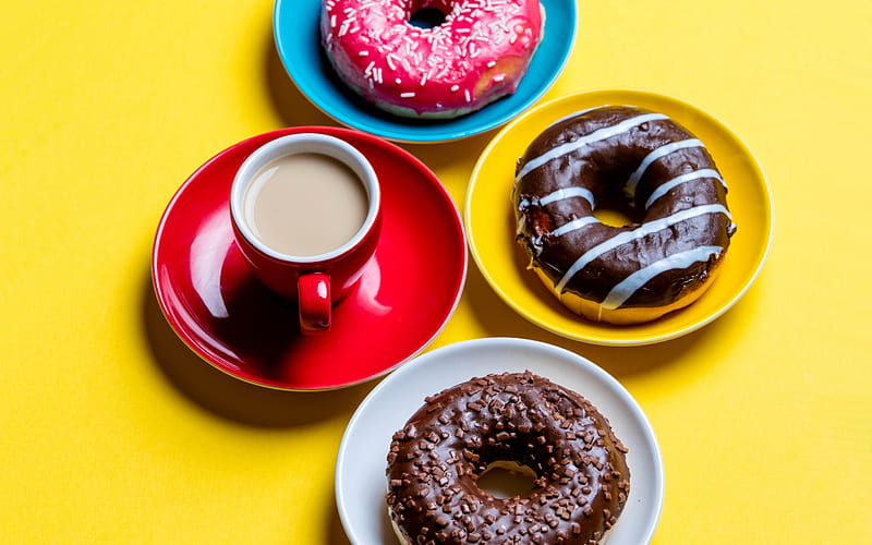 Good Morning!, red, food, chocolate, yellow, sweet, dessert, donut, coffee, cup, morning, pink, HD wallpaper