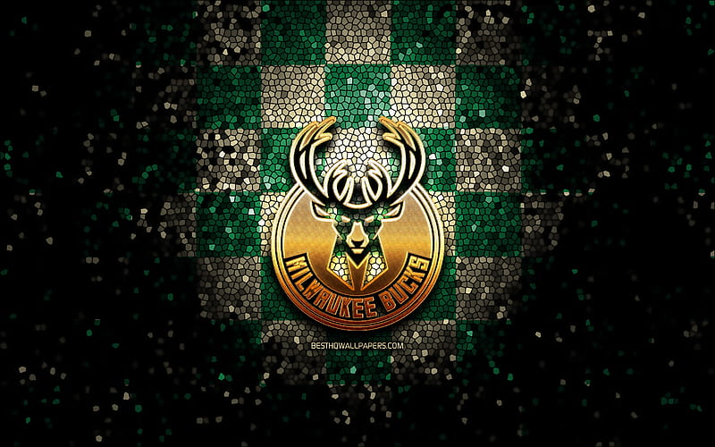 Milwaukee Bucks, glitter logo, NBA, green brown checkered background, USA, american basketball team, mosaic art, basketball, America, HD wallpaper