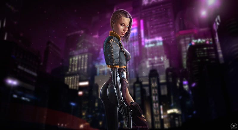 Wallpaper Girl, The game, City, Art, Lights, Neon, Cyborg, CD