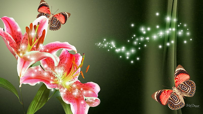 Coral Lily, stars, glow, glitter, shine, coral, butterflies, spring, floral, sparkle, green, summer, flowers, pink, HD wallpaper