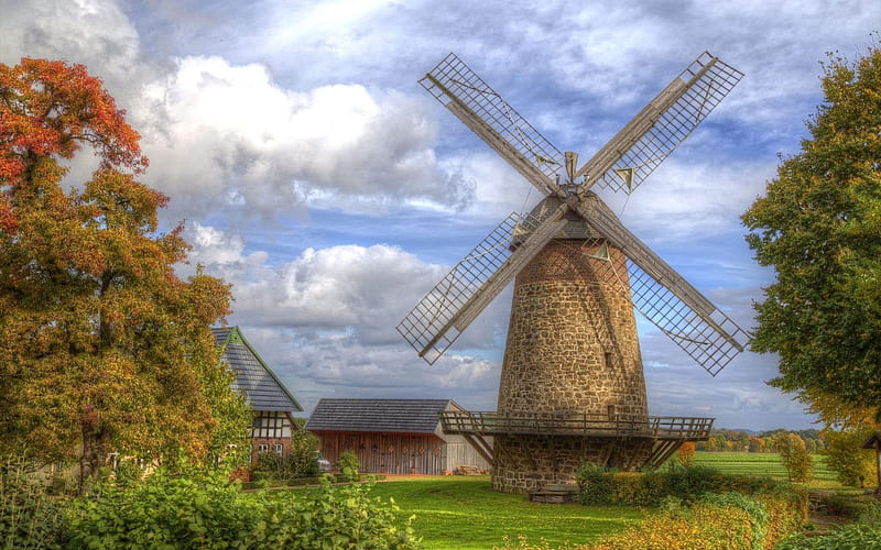 windmill, barn, trees, eastern westphalia, HD wallpaper