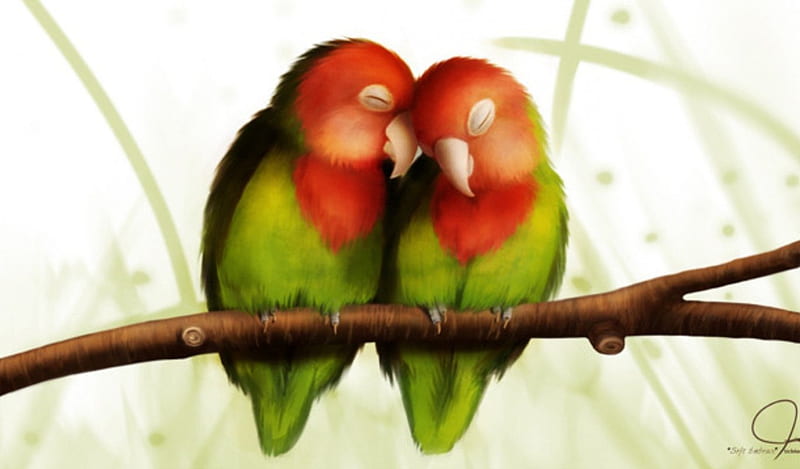 Love Birds, art, painting, cuddle, branch, HD wallpaper