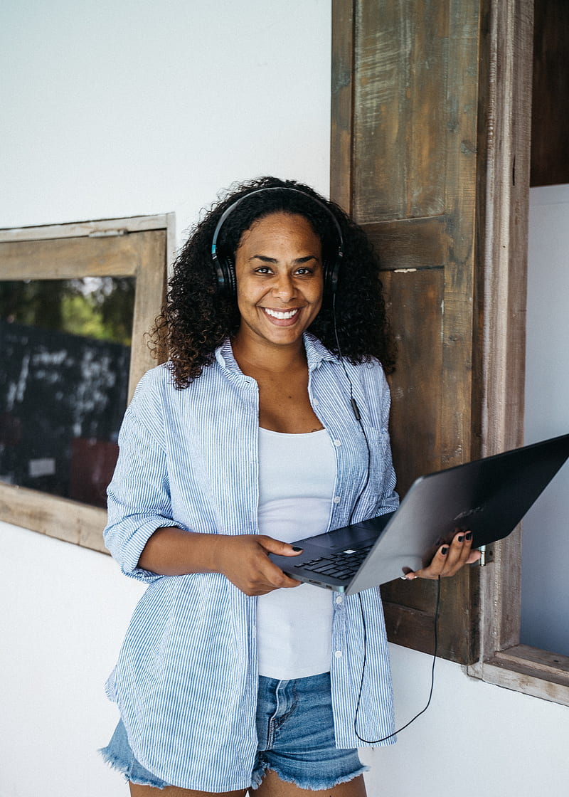 Woman in White Long Sleeve Shirt Holding Black Laptop Computer, HD phone wallpaper