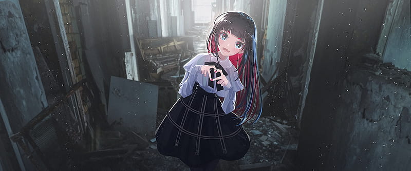 anime girl, hand gesture, long hair, skirt, black hair, Anime, HD wallpaper
