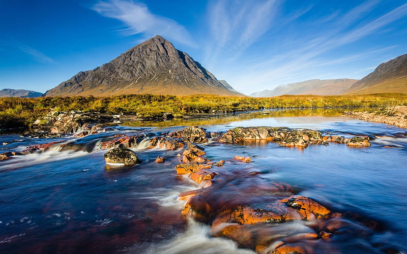river, mountains, scotland, summer, blue sky, HD wallpaper