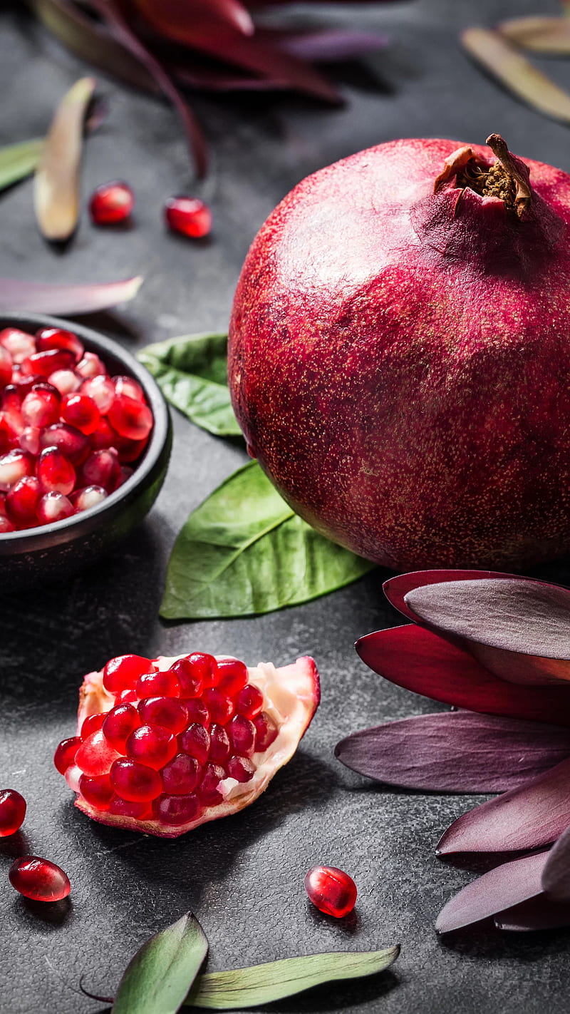 Pomegranate, fruit, red, food, leaves, HD phone wallpaper | Peakpx