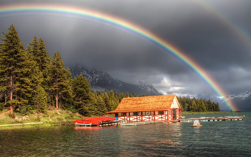 Rainbow Over Boathouse on Lake, boathouse, nature, rainbow, trees, lake, HD wallpaper