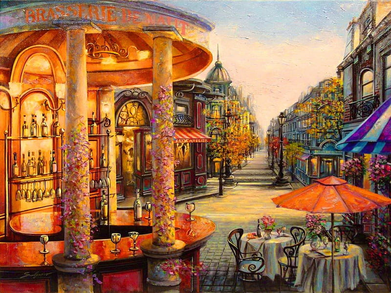 Street cafe, shop, pretty, cafe, bonito, markets, nice, painting, village, street, art, quiet, lanterns, lovely, romantic, town, rainy, coffee, restaurant, HD wallpaper