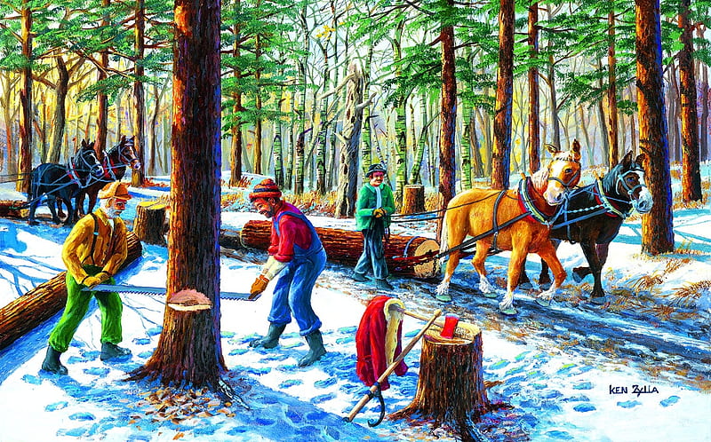 Lumberjacks, people, painting, man, pictura, art, forest, lumberkack, ken zylla, iarna, winter, tree, HD wallpaper