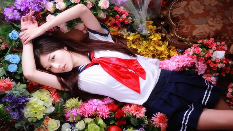 asian in flower bed, flower, asian, beauty, bed, mood, HD wallpaper