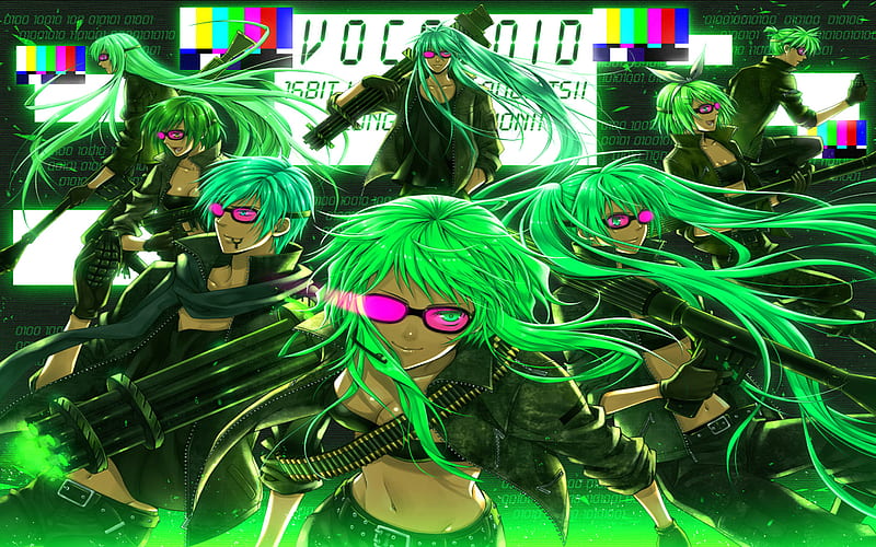 Vocaloids Team War, guerra, gun, sound, miku, miku hatsune, vocaloids, light green, HD wallpaper