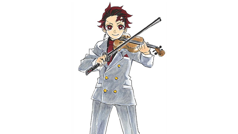 Demon Slayer Tanjiro Kamado Wearing Gray Suit And Pant Playing Violin With White Background Anime, HD wallpaper