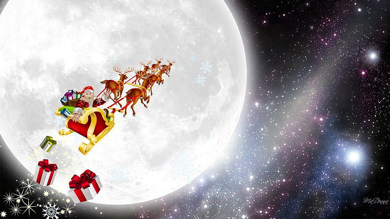 Santa Dropping Gifts, sleigh, Christmas, Father Christmas, sky, winter, spirit, Christmas eve, full moon, reindeers, gifts, HD wallpaper