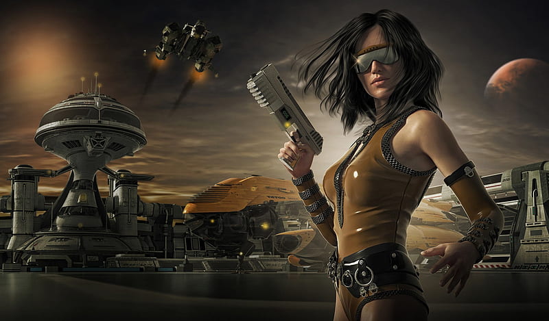 Scifi Sunglasses Woman Warrior With Guns, fantasy-girls, warrior, gun, sunglasses, artist, artwork, digital-art, HD wallpaper