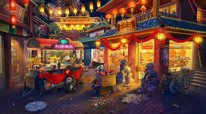 Chinese background, background, chinese, stuff, volmi games, volmi, red, world, yellow, lights, panda, fantasy, HD wallpaper