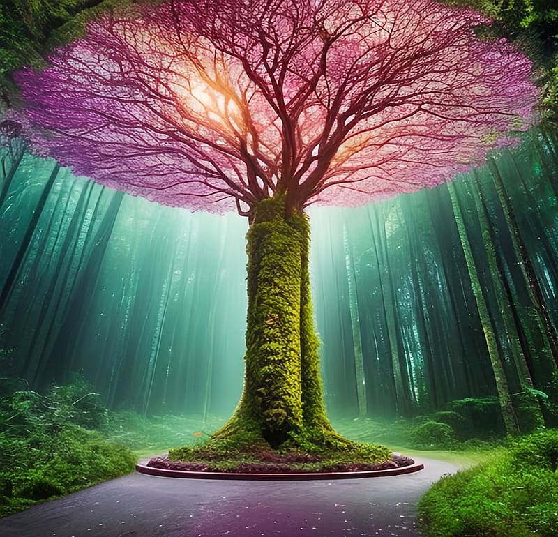 Magical tree in the forest, varazslatos, absztrakt, erdo, mesebeli, fa, HD wallpaper