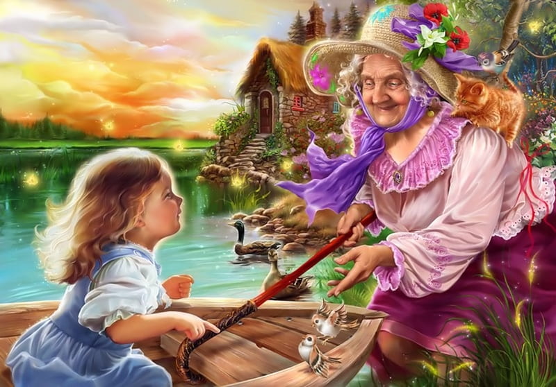 Little Girl and her Granny, Girl, pretty, Art, Granny, HD wallpaper