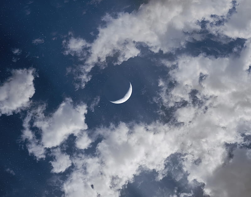 Crescent moon, half moon, clouds, blue sky, cosmos stars, HD wallpaper