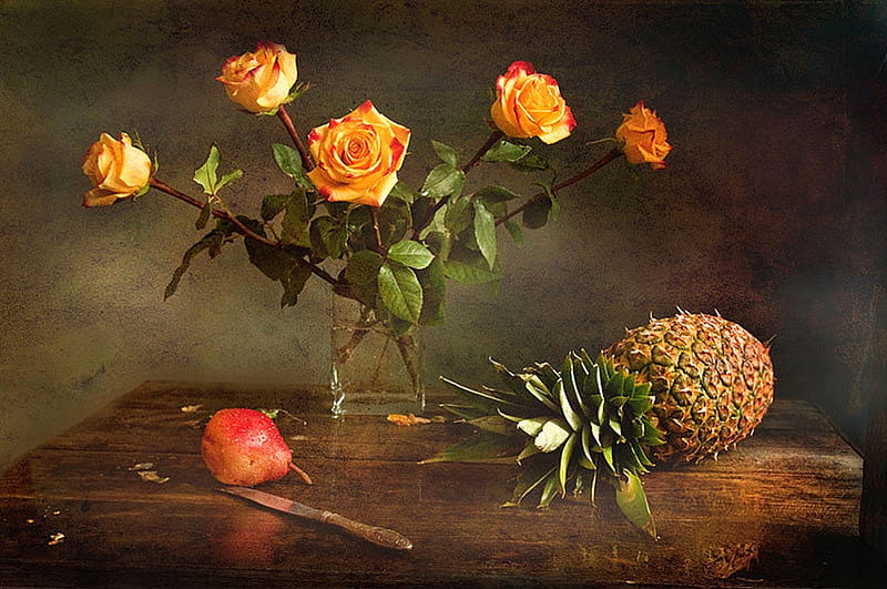 Orange Roses, still life, Ananas, rose, orange, HD wallpaper