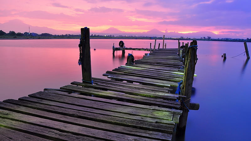 Crumbling Pier, lakes, piers, nature, sunset, corroded, HD wallpaper