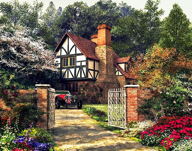 Old Cottage, gate, house, car, trees, artwork, HD wallpaper