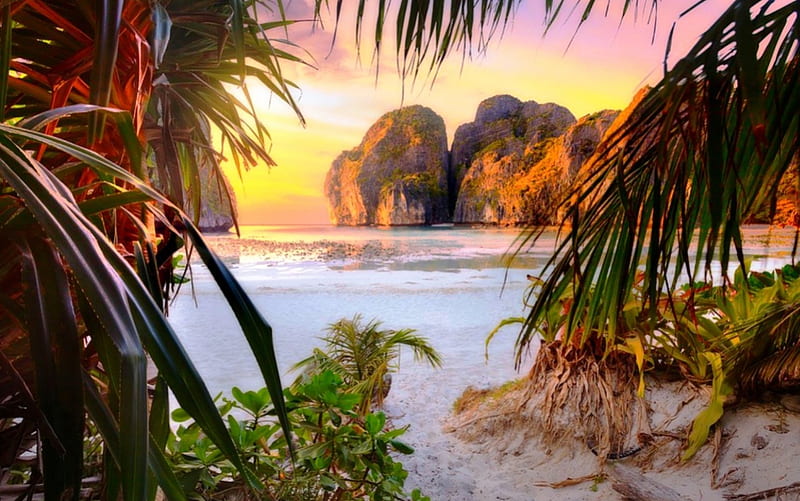 Sunset Beach, Phi Phi Island, Thailand, limestone mountains, bonito, sunset, palm trees, sea, beach, sand, cliffs, paradise, summer, island, tropical, HD wallpaper