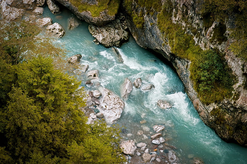 river, rocks, trees, aerial view, HD wallpaper