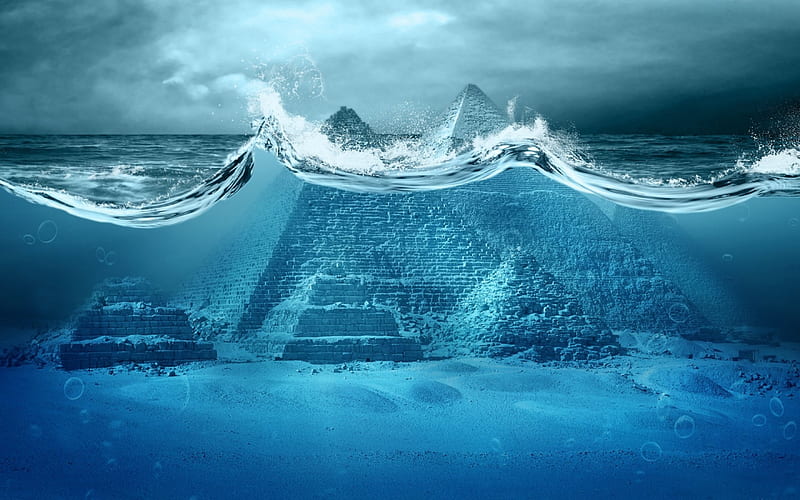 Apocalypse, fantasy, water, ocean, armageddon, pyramide, sea, blue, HD wallpaper