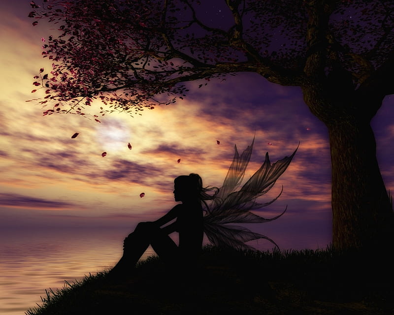 Dreamer, art, tree, evening, sunset, sky, lake, fairy, HD wallpaper