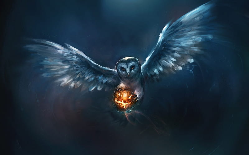 Happy Halloween!, owl, wings, orange, halloween, jack-o-lantern, bird, feather, pumpkin, dark, Umika Sayoji, light, blue, night, HD wallpaper