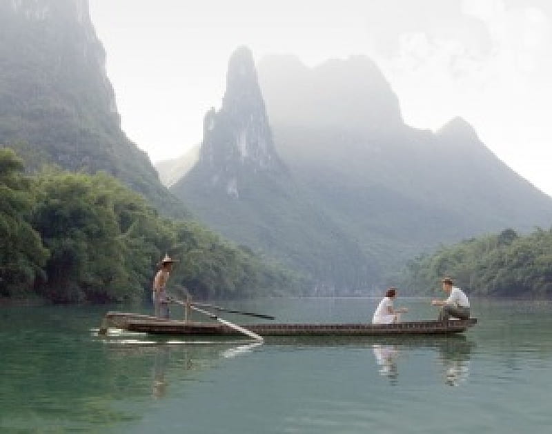 The painted veil (2006), movie, the painted veil, boat, water, green, mountains, people, love, river, couple, HD wallpaper