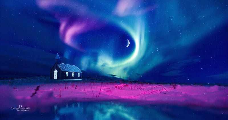 Borealis Dreams , aurora, northern-lights, artist, artwork, digital-art, house, HD wallpaper