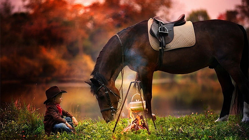 Little Cowboy and his Horse, little, grass, pot, boiling, horse, hat, fire, boy, grazing, sitting, river, cowboy, HD wallpaper