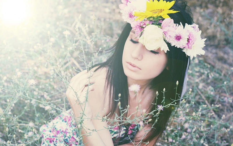 Waiting for Spring , wreath, girl, model, flowers, nature, Spring, HD wallpaper