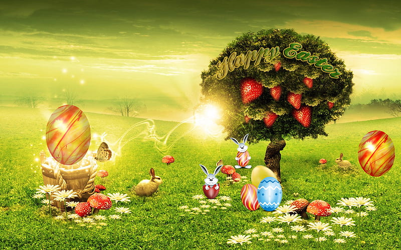 easter bunny under the tree, manizyn, tree, strawberry, bunnies, HD wallpaper